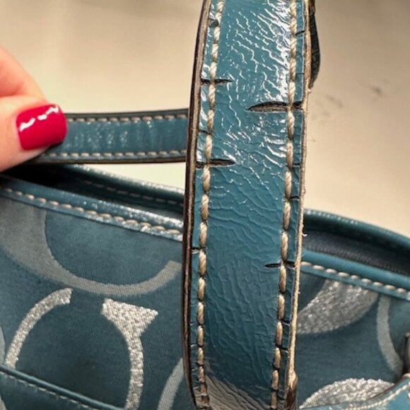 Coach Teal Metallic Silver Logo Jacquard Gallery Tote Bag Purse F20426 - Picture 15 of 15